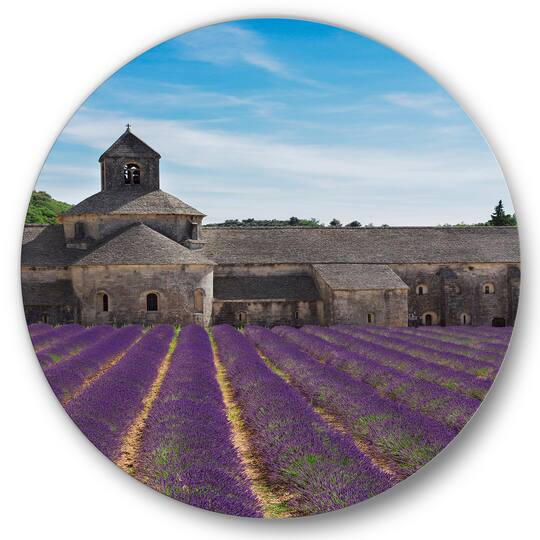 Designart - Lavender Field With Abbey In France - Farmhouse Metal Circle Wall Art